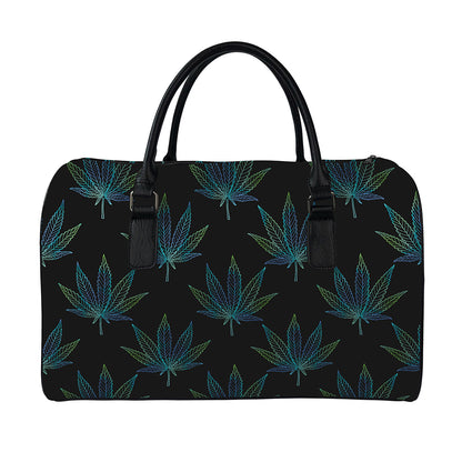 Blue And Green Weed Leaf Pattern Print Leather Duffle Bag