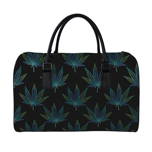 Blue And Green Weed Leaf Pattern Print Leather Duffle Bag