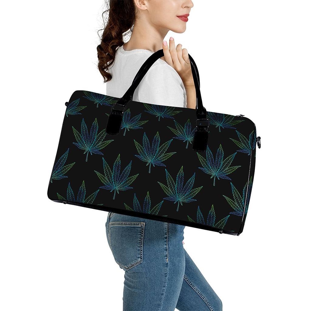 Blue And Green Weed Leaf Pattern Print Leather Duffle Bag