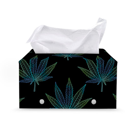 Blue And Green Weed Leaf Pattern Print Leather Tissue Box Cover