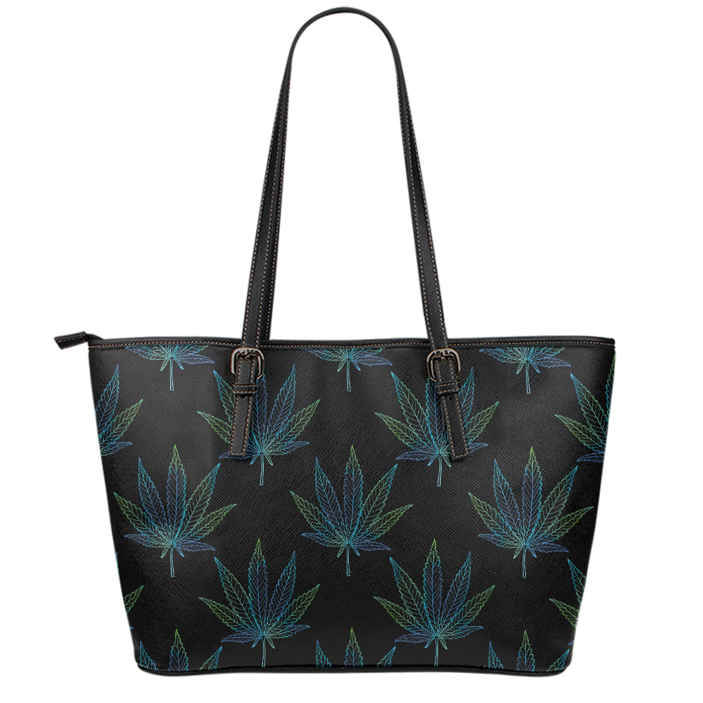 Blue And Green Weed Leaf Pattern Print Leather Tote Bag