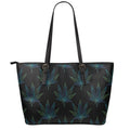 Blue And Green Weed Leaf Pattern Print Leather Tote Bag With Zipper