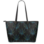 Blue And Green Weed Leaf Pattern Print Leather Tote Bag