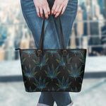 Blue And Green Weed Leaf Pattern Print Leather Tote Bag