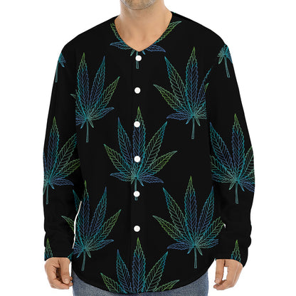 Blue And Green Weed Leaf Pattern Print Long Sleeve Baseball Jersey