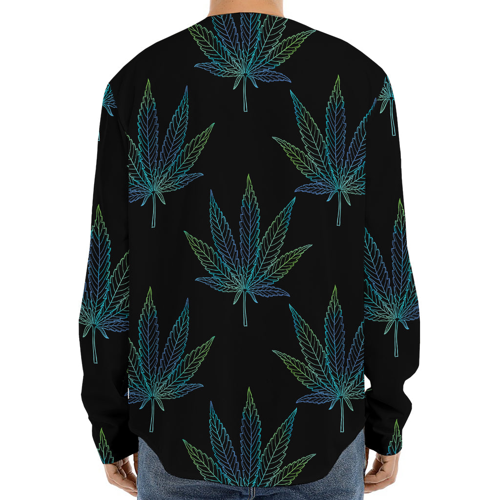 Blue And Green Weed Leaf Pattern Print Long Sleeve Baseball Jersey
