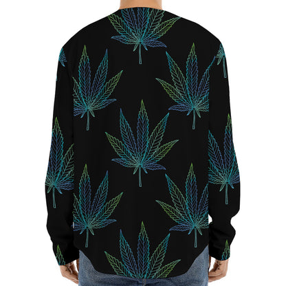 Blue And Green Weed Leaf Pattern Print Long Sleeve Baseball Jersey