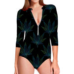 Blue And Green Weed Leaf Pattern Print Long Sleeve Swimsuit