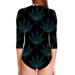 Blue And Green Weed Leaf Pattern Print Long Sleeve Swimsuit