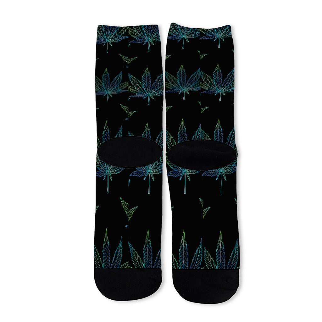 Blue And Green Weed Leaf Pattern Print Long Socks