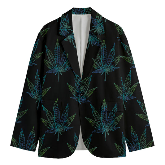 Blue And Green Weed Leaf Pattern Print Men's Blazer