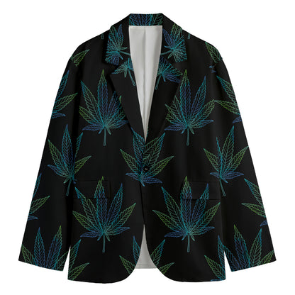 Blue And Green Weed Leaf Pattern Print Men's Cotton Blazer