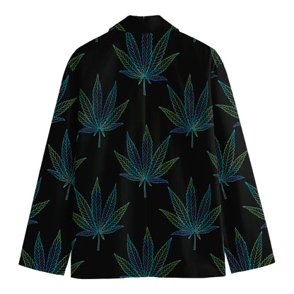 Blue And Green Weed Leaf Pattern Print Men's Cotton Blazer
