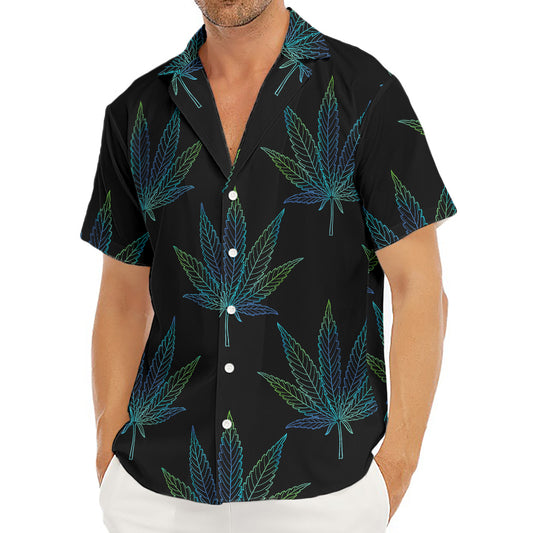 Blue And Green Weed Leaf Pattern Print Men's Deep V-Neck Shirt
