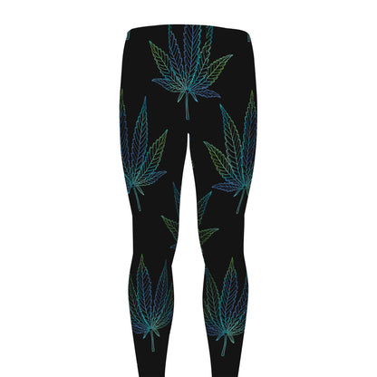 Blue And Green Weed Leaf Pattern Print Men's leggings