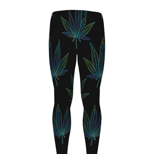 Blue And Green Weed Leaf Pattern Print Men's leggings