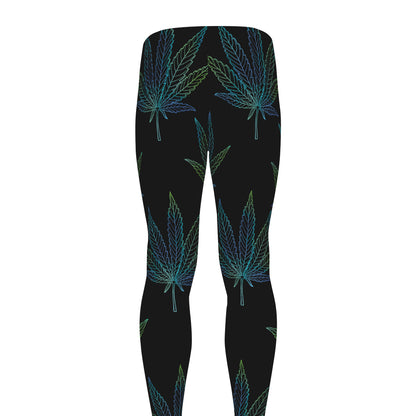 Blue And Green Weed Leaf Pattern Print Men's leggings