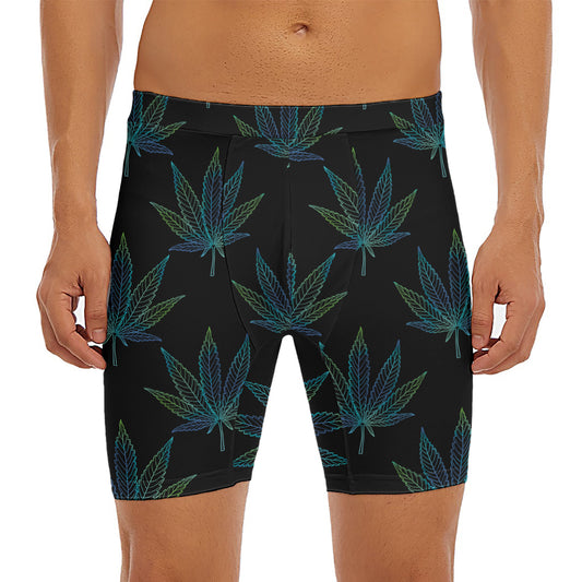 Blue And Green Weed Leaf Pattern Print Men's Long Boxer Briefs