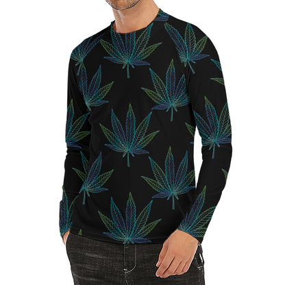 Blue And Green Weed Leaf Pattern Print Men's Long Sleeve Rash Guard