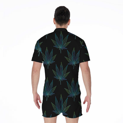 Blue And Green Weed Leaf Pattern Print Men's Rompers