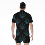 Blue And Green Weed Leaf Pattern Print Men's Rompers
