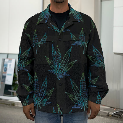 Blue And Green Weed Leaf Pattern Print Men's Shirt Jacket