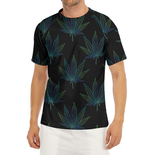 Blue And Green Weed Leaf Pattern Print Men's Short Sleeve Rash Guard