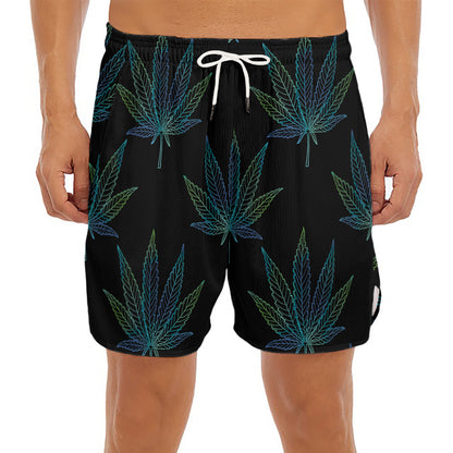 Blue And Green Weed Leaf Pattern Print Men's Split Running Shorts