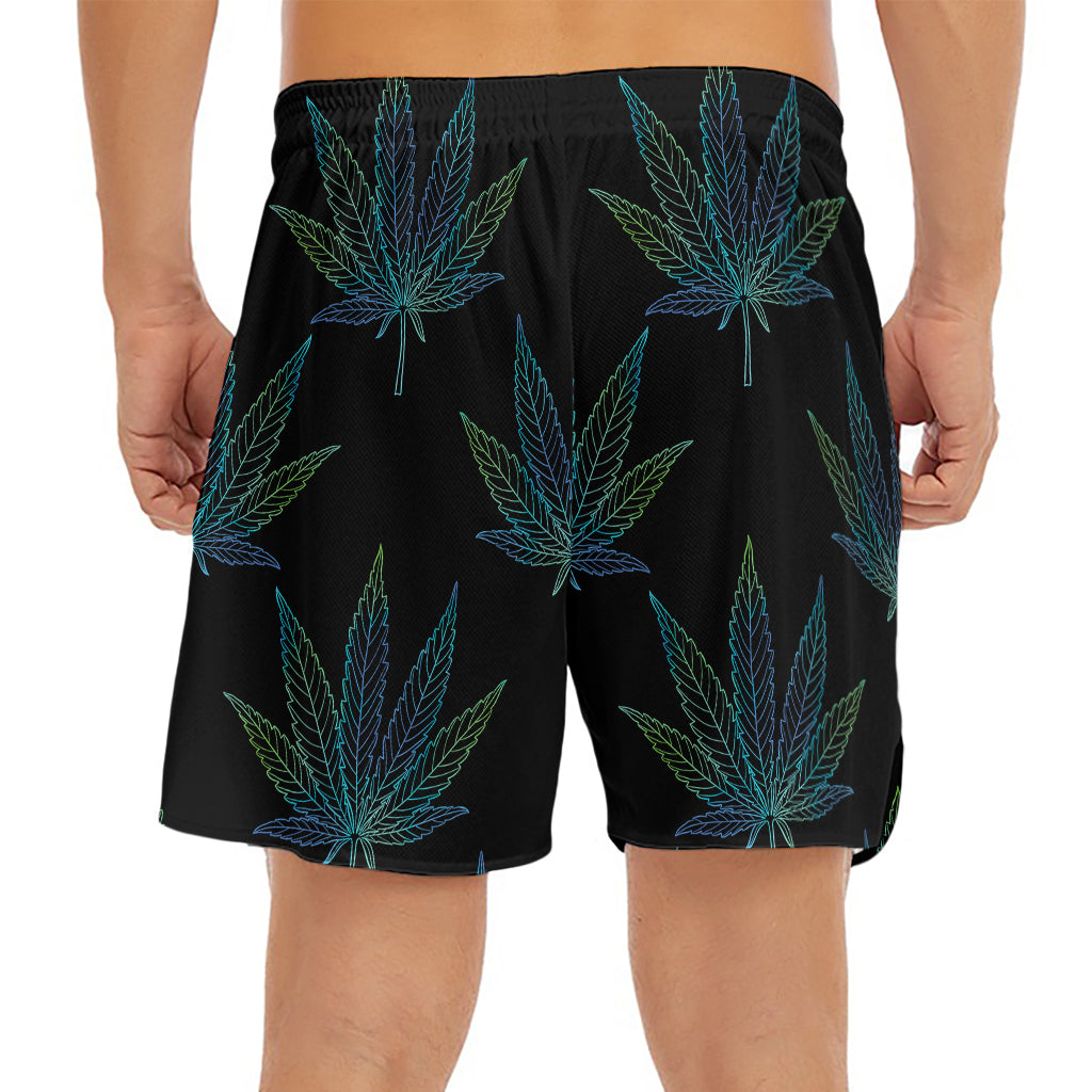 Blue And Green Weed Leaf Pattern Print Men's Split Running Shorts