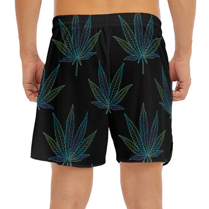 Blue And Green Weed Leaf Pattern Print Men's Split Running Shorts