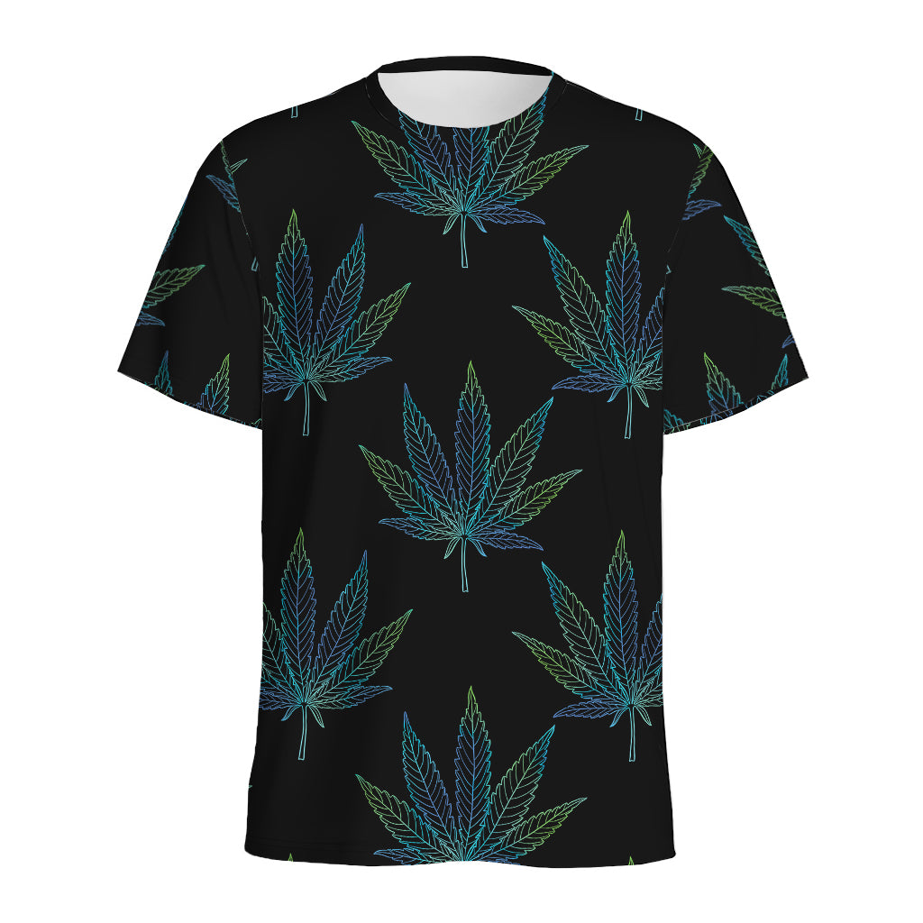 Blue And Green Weed Leaf Pattern Print Men's Sports T-Shirt