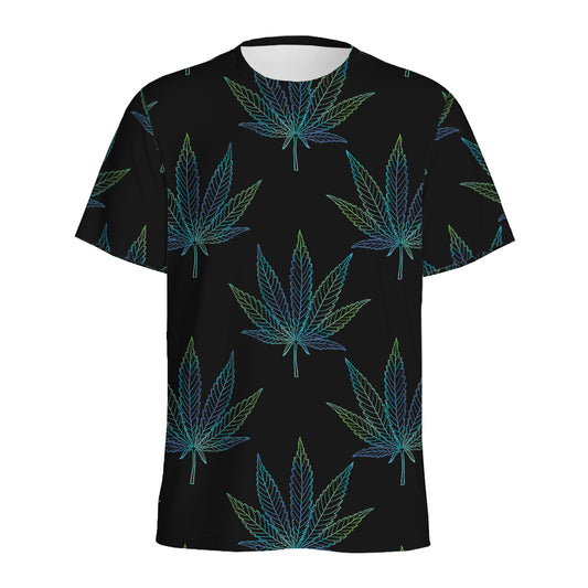 Blue And Green Weed Leaf Pattern Print Men's Sports T-Shirt