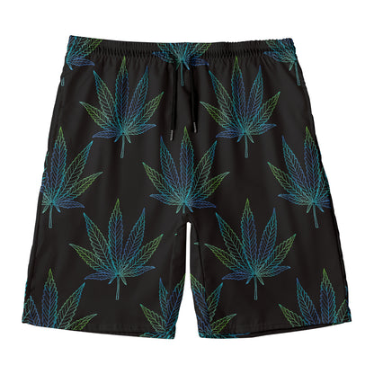 Blue And Green Weed Leaf Pattern Print Men's Swim Trunks
