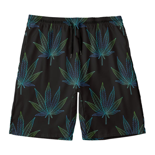 Blue And Green Weed Leaf Pattern Print Men's Swim Trunks