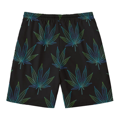 Blue And Green Weed Leaf Pattern Print Men's Swim Trunks