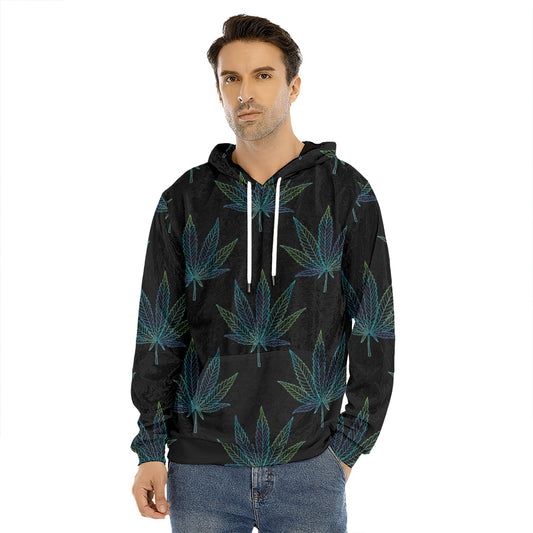 Blue And Green Weed Leaf Pattern Print Men's Velvet Pullover Hoodie
