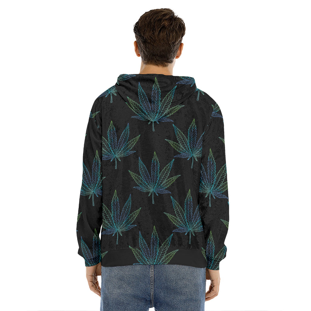 Blue And Green Weed Leaf Pattern Print Men's Velvet Pullover Hoodie