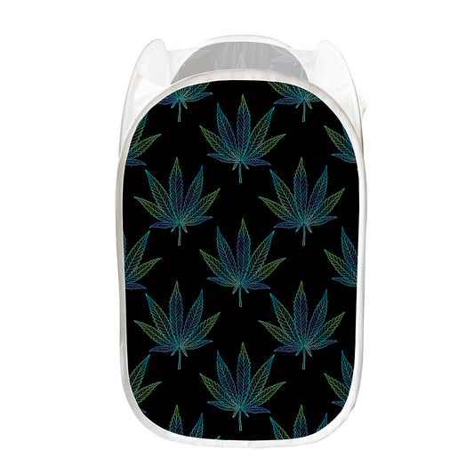 Blue And Green Weed Leaf Pattern Print Mesh Laundry Hamper