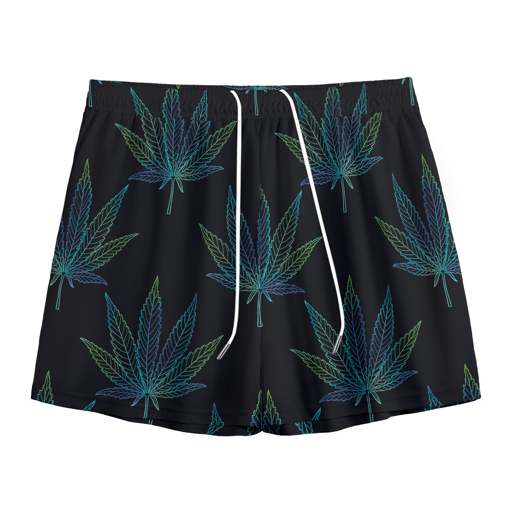 Blue And Green Weed Leaf Pattern Print Mesh Shorts