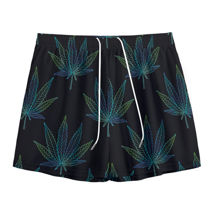 Blue And Green Weed Leaf Pattern Print Mesh Shorts