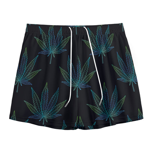 Blue And Green Weed Leaf Pattern Print Mesh Shorts