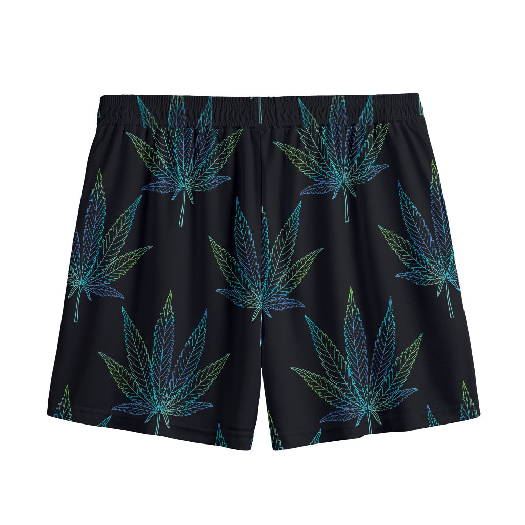 Blue And Green Weed Leaf Pattern Print Mesh Shorts
