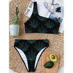 Blue And Green Weed Leaf Pattern Print One Shoulder Bikini Top