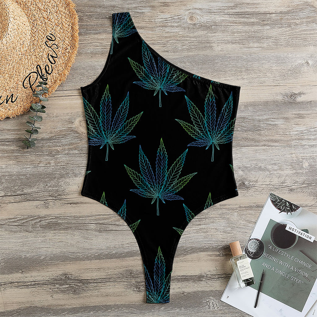 Blue And Green Weed Leaf Pattern Print One Shoulder Bodysuit