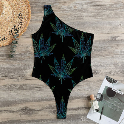 Blue And Green Weed Leaf Pattern Print One Shoulder Bodysuit
