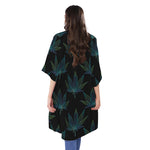 Blue And Green Weed Leaf Pattern Print Open Front Beach Cover Up