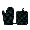 Blue And Green Weed Leaf Pattern Print Oven Mitt And Pot Holder Set
