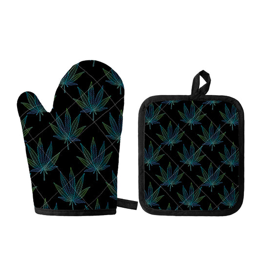 Blue And Green Weed Leaf Pattern Print Oven Mitt And Pot Holder Set