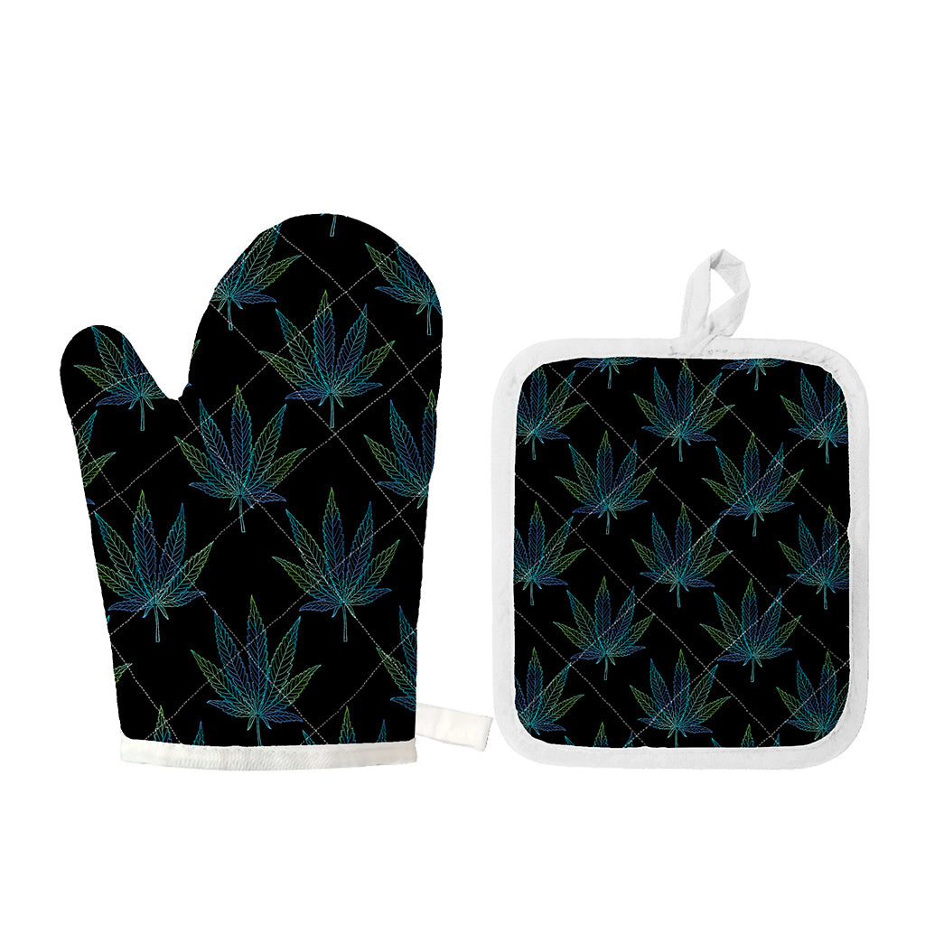 Blue And Green Weed Leaf Pattern Print Oven Mitt And Pot Holder Set