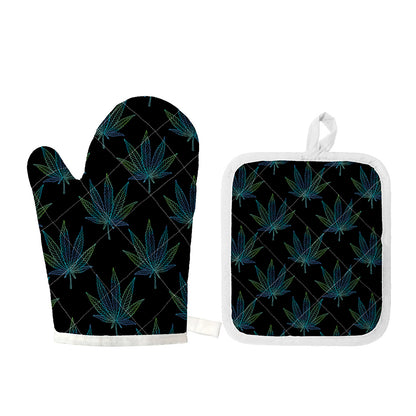 Blue And Green Weed Leaf Pattern Print Oven Mitt And Pot Holder Set